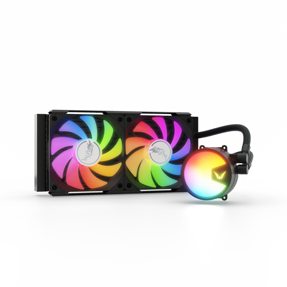 The black 240mm cooler assembly. Manufacturer product image. Valkyrie A240 240mm radiator, two ARGB fans and pump