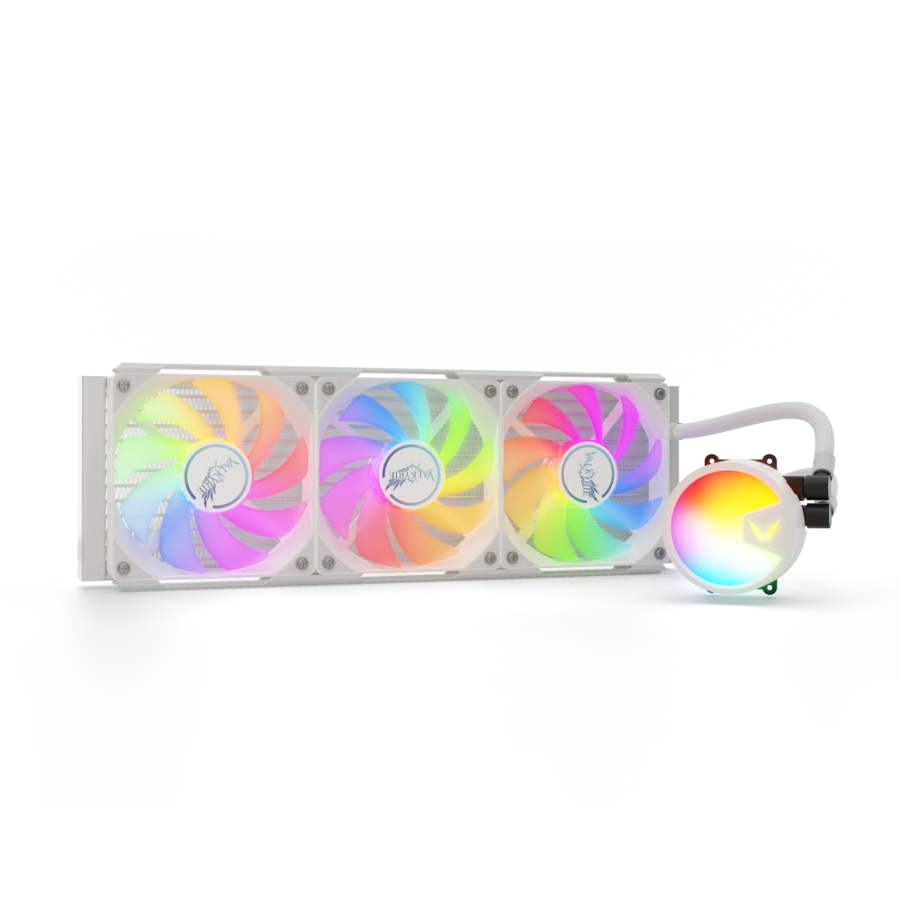 Sistemi 360mm në të bardhë. Foto e prodhuesit. Valkyrie A360 White: radiator 360mm, tre ventilatorë ARGB dhe pompë