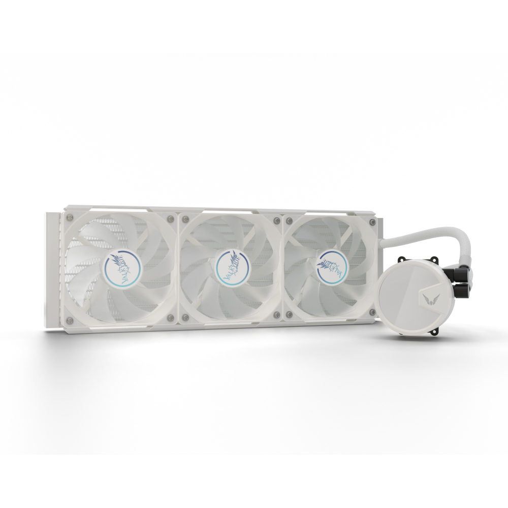 Radiatori, tre ventilatorët dhe pompa e Valkyrie A360 White me ndriçim të fikur